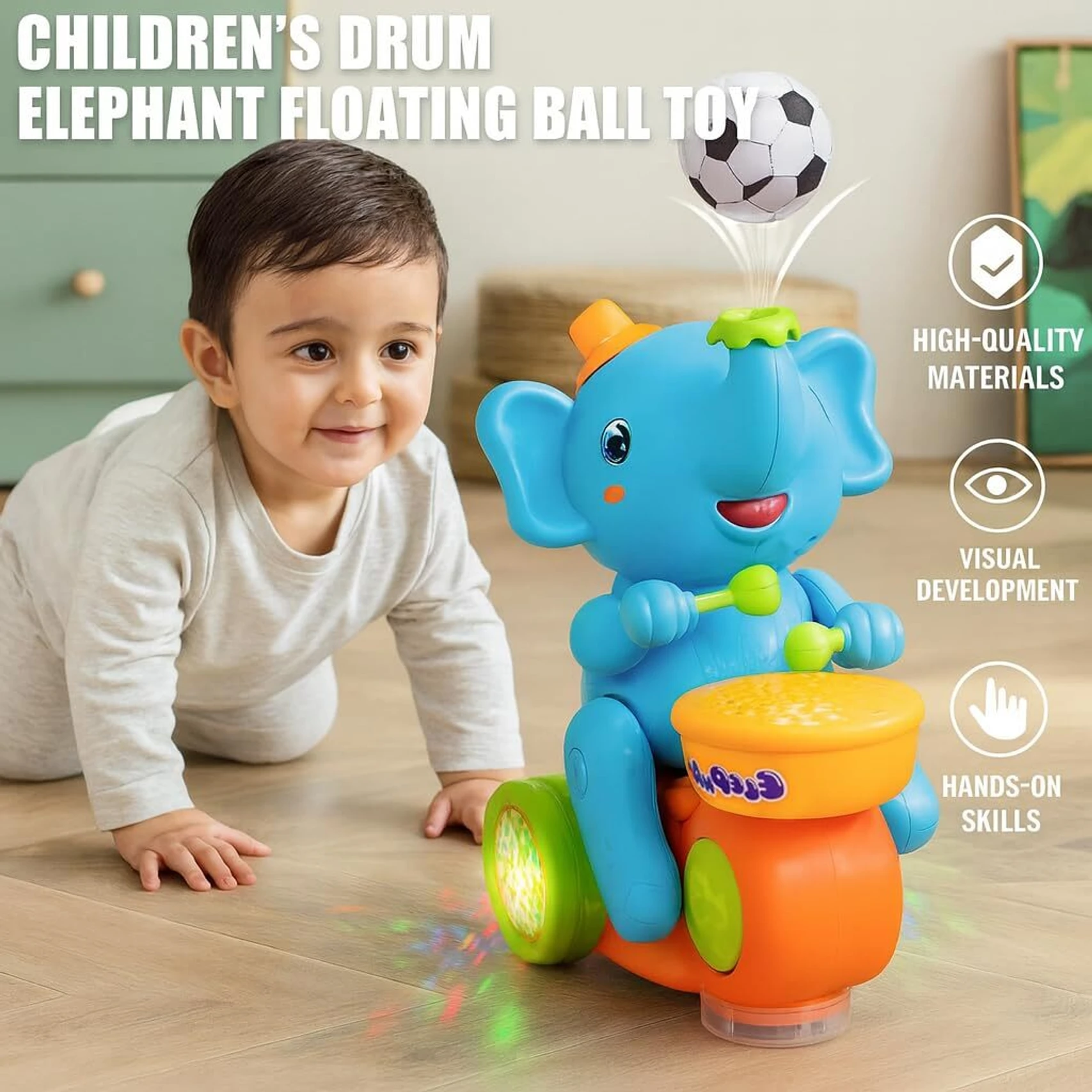 URBANTOTS Musical Elephant Toy for Kids | Light-Up Drum, Music & Moving Ball (Blue) - Image 4