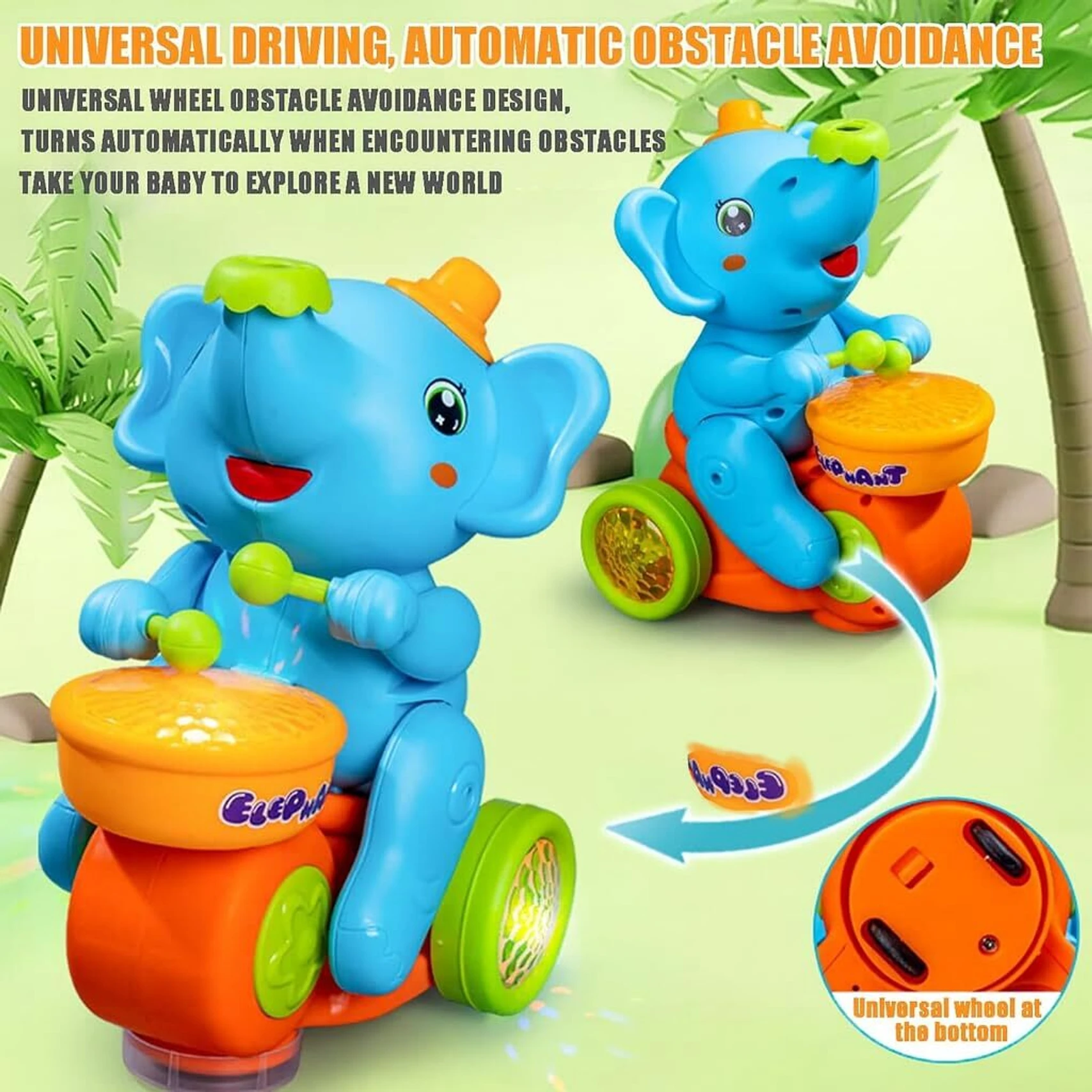URBANTOTS Musical Elephant Toy for Kids | Light-Up Drum, Music & Moving Ball (Blue) - Image 5