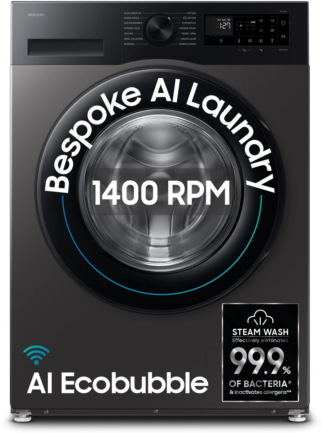 Samsung 12 kg 5 Star, AI Ecobubble, Super Speed, Wi-Fi, Hygiene Steam, Digital Inverter Motor Fully Automatic Front Load with In-built Heater Black, Grey (WW12DG5B24AXTL)