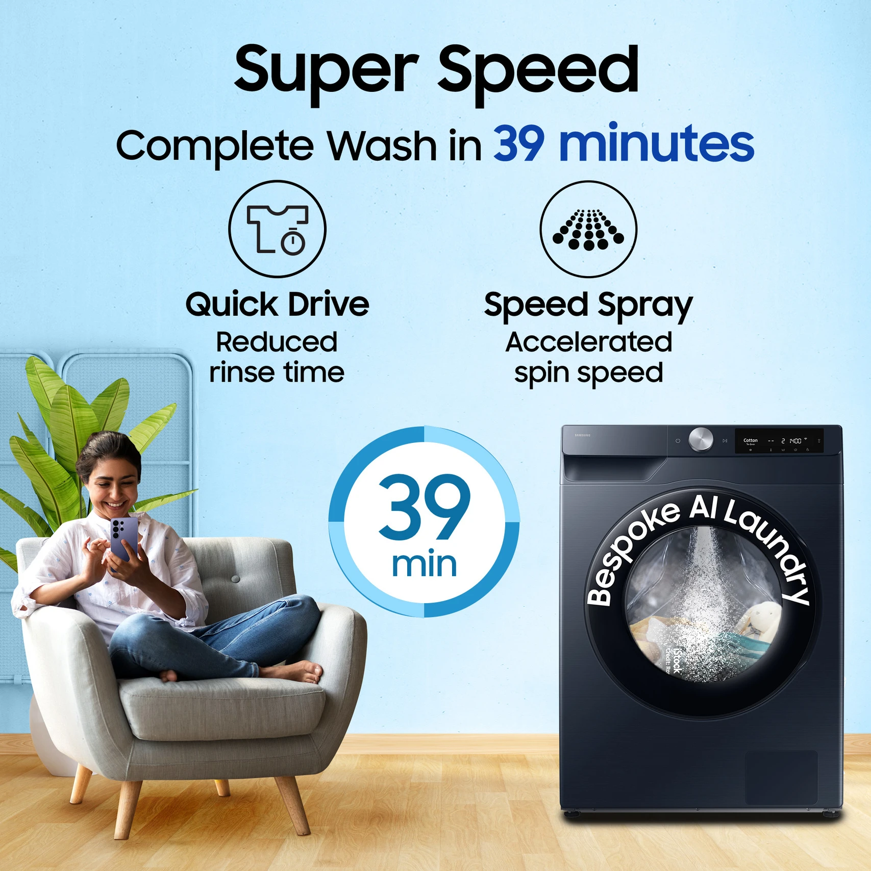 Samsung 12 kg 5 Star, AI Ecobubble, Super Speed, Wi-Fi, Hygiene Steam, Digital Inverter Motor Fully Automatic Front Load with In-built Heater Black, Grey (WW12DG5B24AXTL) - Image 2
